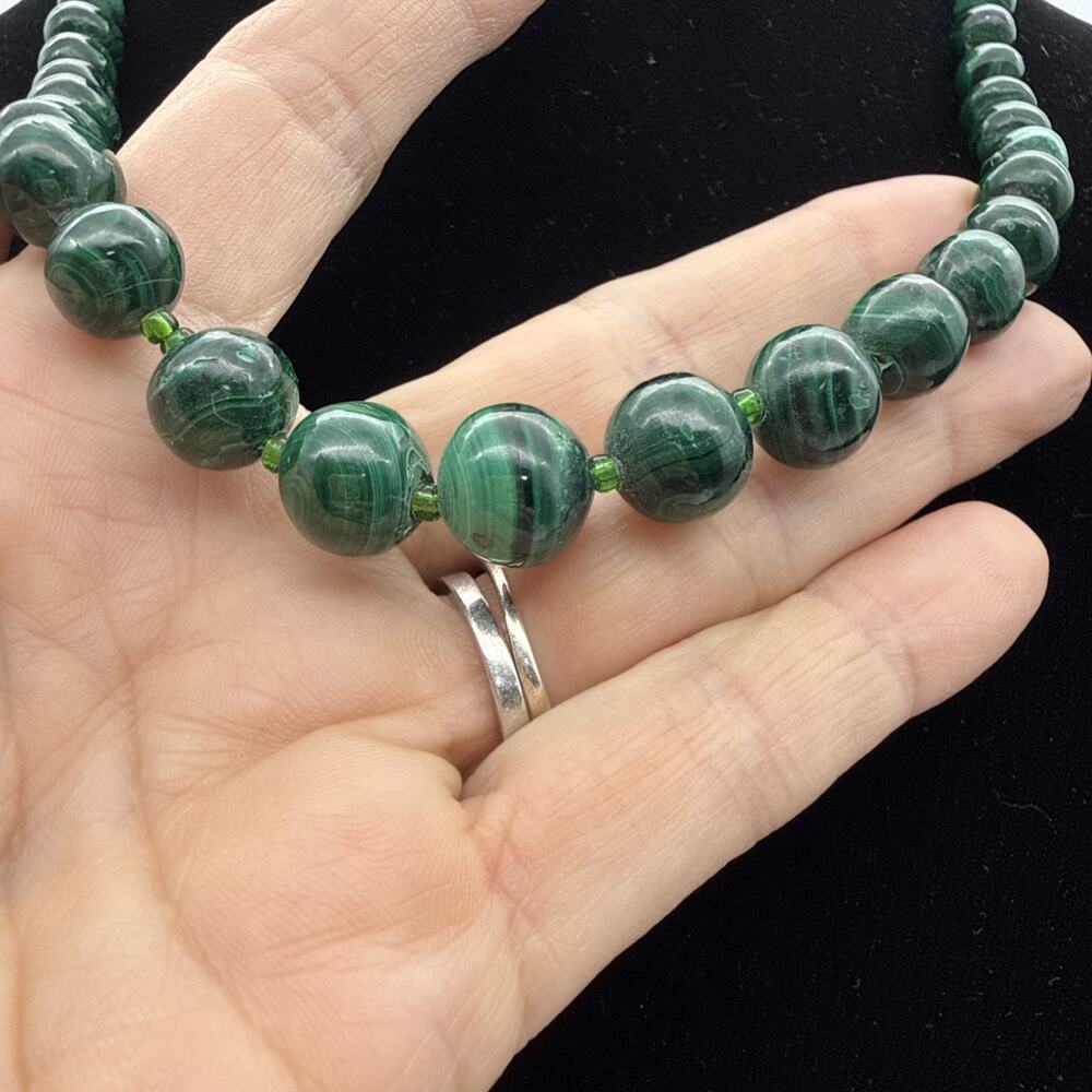 Vintage Graduated Malachite Bead Necklace Green Banded Stone 22" Estate 81.36 G